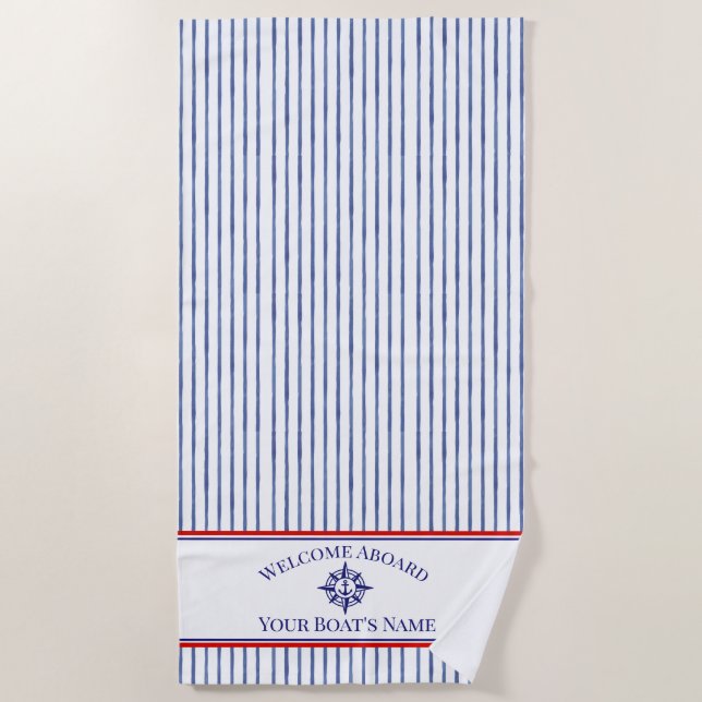 Coastal Stripe Monogram Boat Name Design Strandtuch (Vorderseite)