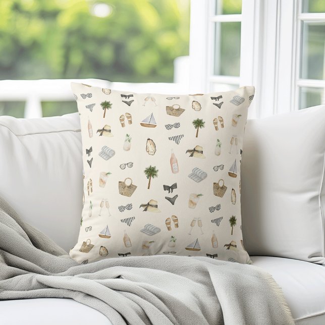 Coastal Summer Getaway Neutral Watercolor Pattern Kissen (Von Creator hochgeladen)