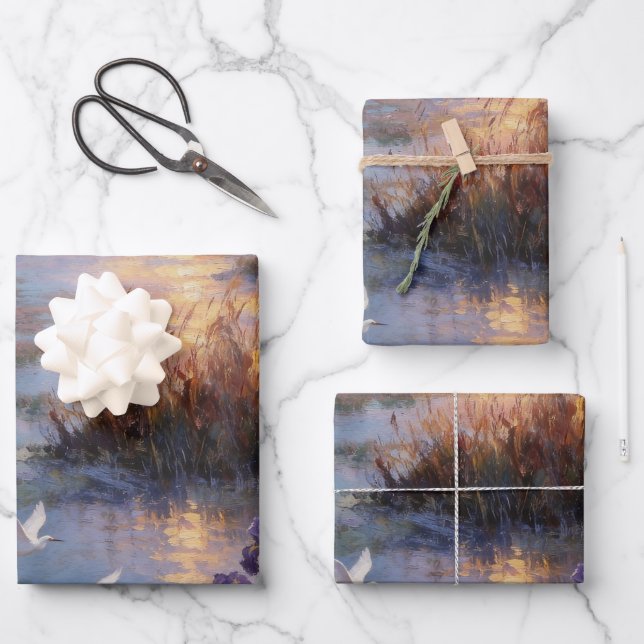 Coastal Sunset Iris & Egret Wrapping Paper Geschenkpapier Set (Vorderseite)