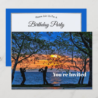 Coastal Sunset Musicians Silhouette Geburtstag Einladung