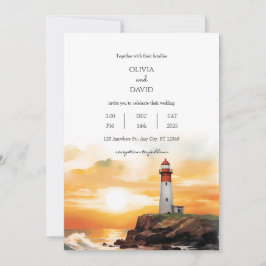 Coastal Sunset Waves Lighthouse Beach Hochzeit Einladung
