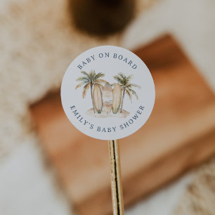 Coastal Surf Baby Shower "Baby on board" Runder Aufkleber