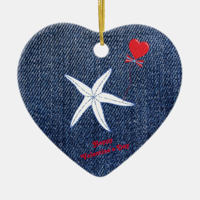 Coastal Thema Valentine's Day Red Heart & Starfish Keramik Ornament (Vorne)