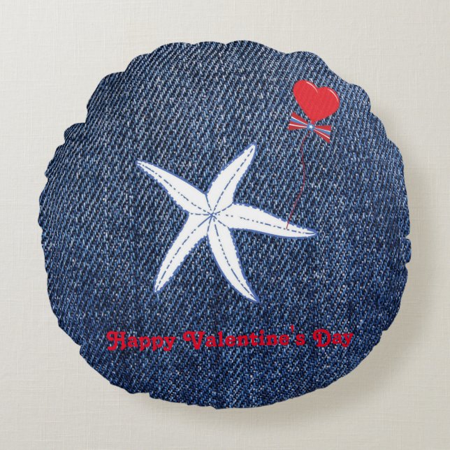 Coastal Thema Valentine's Day Red Heart & Starfish Rundes Kissen (Vorderseite)