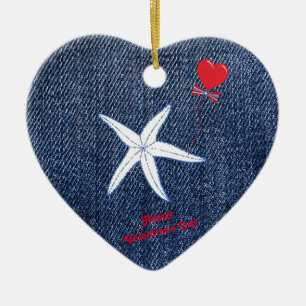 Coastal Theme Valentine's Day Red Heart & Starfish Keramik Ornament