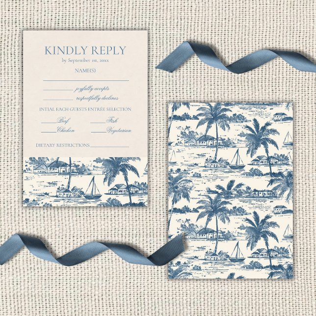 Coastal Toile Classic Schriftart Staubblau  RSVP Karte (Coastal Toile Classic Script Dusty Blue RSVP Card)