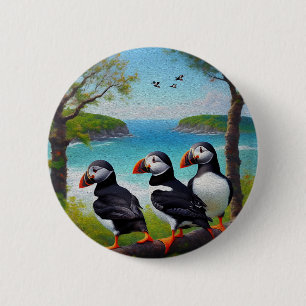 Coastal Trio: Drei Puffins am Strand in Oils Button