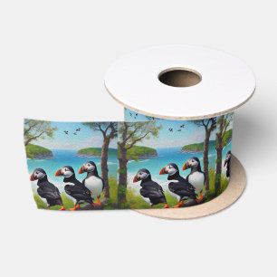 Coastal Trio: Drei Puffins am Strand in Oils Satinband
