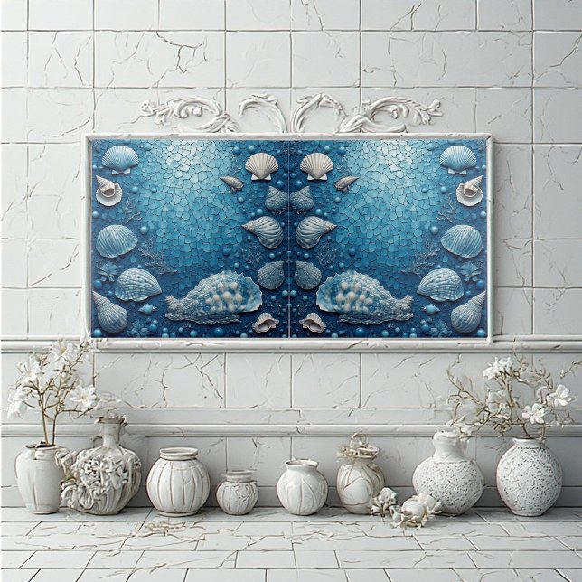 Coastal Underwater Seashell Fish Ocean Bubble Blue Fliese (Coastal Underwater Seashell Fish Ocean Bubble Blue Ceramic Tile)