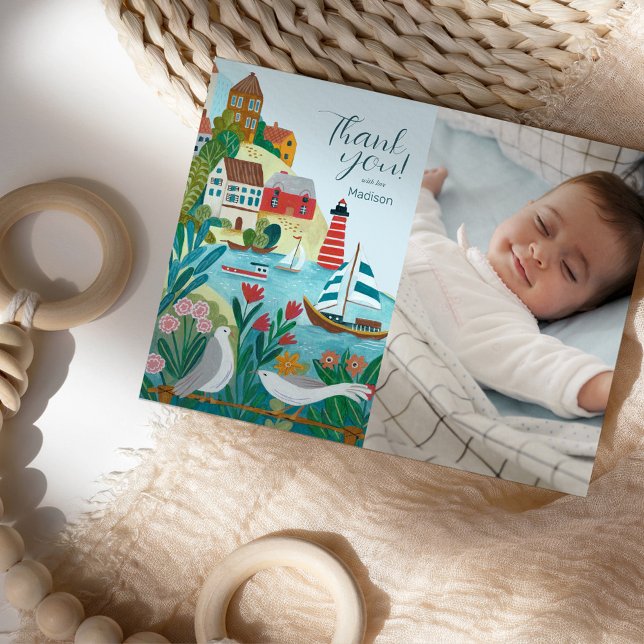 Coastal Village Baby Dusche Foto Vielen Dank Postkarte (Coastal Village Baby Shower Photo Thank you Postcard)