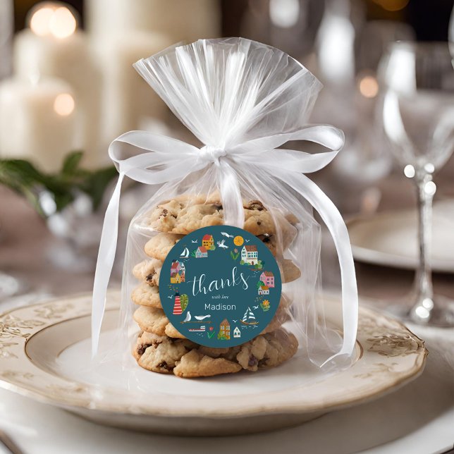 Coastal Village Blue Boy Nautical Baby Dusche Runder Aufkleber (Coastal Village Blue Boy Nautical Baby Shower Classic Round Sticker)