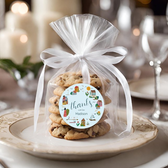 Coastal Village Blue Boy Nautical Baby Dusche Runder Aufkleber (Coastal Village Blue Boy Nautical Baby Shower Classic Round Sticker)