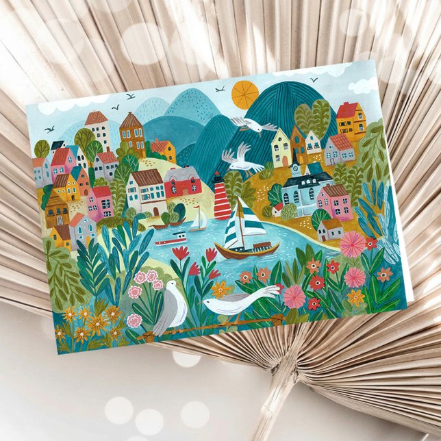 Coastal Village Harbor Scenic Illustration  Karte (Coastal Village Harbor Scenic Illustration Card)