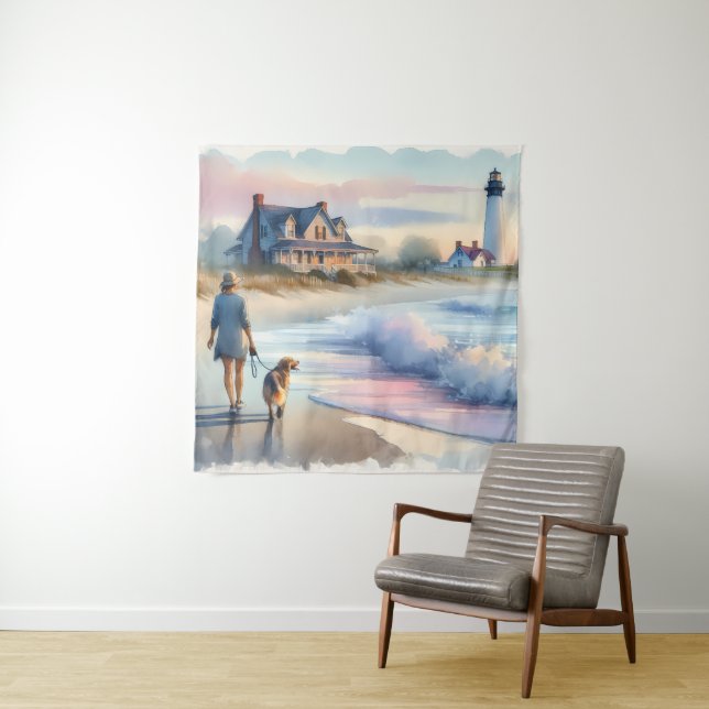 Coastal Walk to Lighthouse at Sunset Wandteppich (Beispiel)