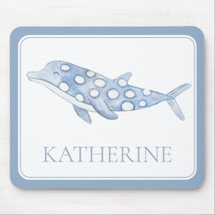 Coastal Watercolor Blue Polka Dot Dolphin Mousepad