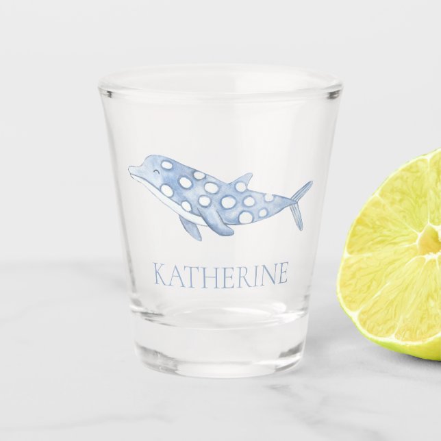 Coastal Watercolor Blue Polka Dot Dolphin Schnapsglas (Vorderseite)