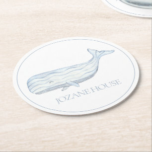 Coastal Watercolor Blue Whale Personalisiert Runder Pappuntersetzer