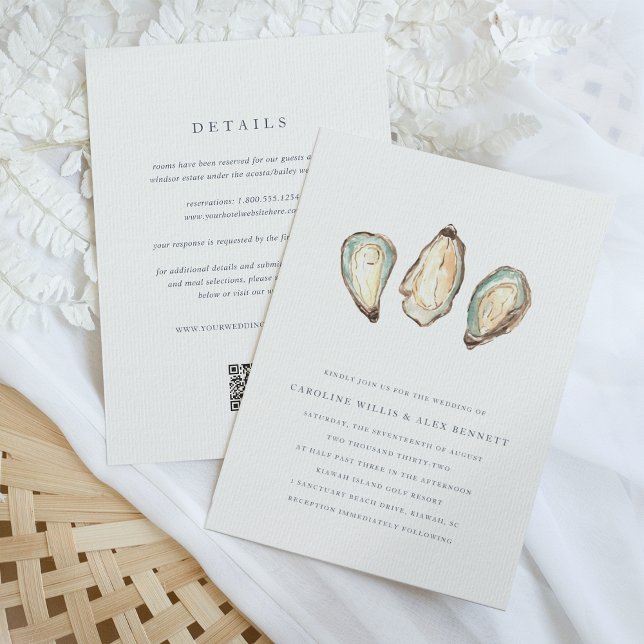 Coastal Watercolor Oyster All-in-One Hochzeit Einladung (Double sided wedding invitation with details and a QR code on the back)