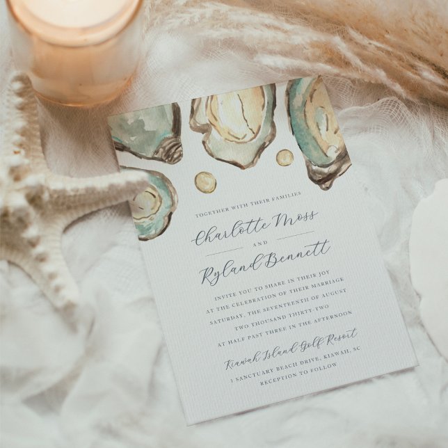 Coastal Watercolor Oyster & Pearl Wedding Einladung (Von Creator hochgeladen)
