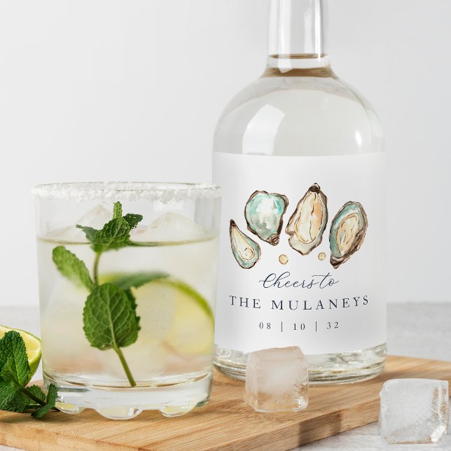 Coastal Watercolor Oyster Wedding Alkoholflaschenetikett (Von Creator hochgeladen)