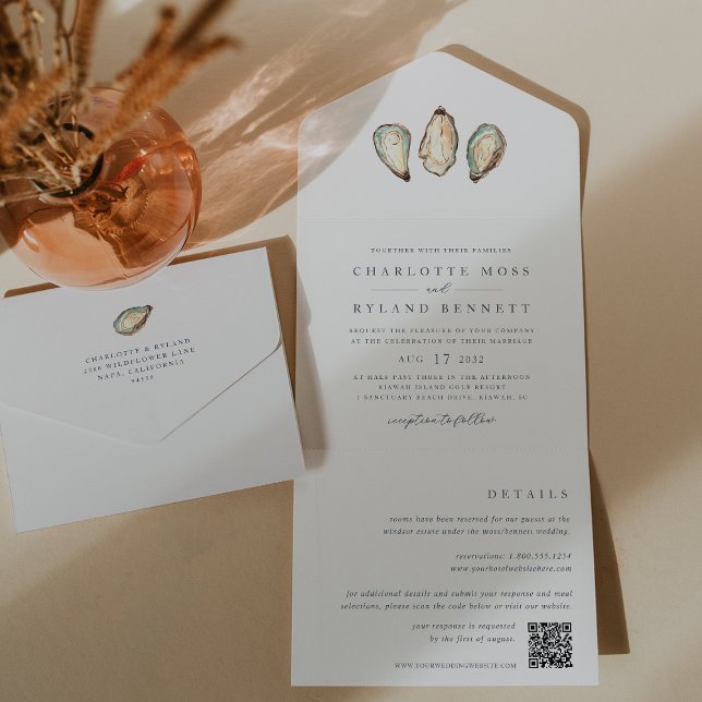 Coastal Watercolor Oyster Wedding All In One Einladung (Coastal oyster wedding invitations with a detachable details card)