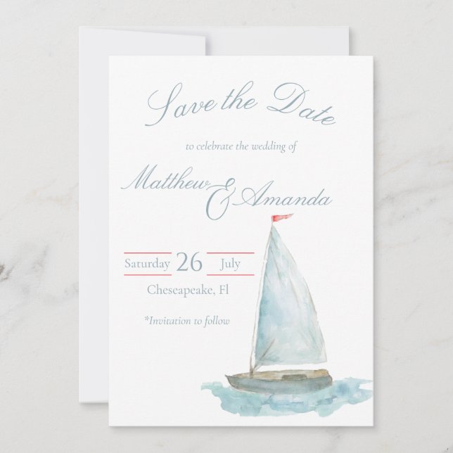 Coastal Watercolor Sailboat Save the Date Einladung (Vorderseite)