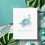 Coastal Watercolor Sea Turtle Beach Christmas Card Feiertagskarte<br><div class="desc">This beach theme holiday card features my original hand painted watercolor sea turtle with holly and red berries in shades of tropical colors on a crisp white background. The words Merry Christmas are set in a modern brush script typography. The inside features a solid turquoise blue color with your custom...</div>