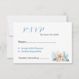 Coastal Watercolor Seashells & Coral Beach Wedding RSVP Karte
