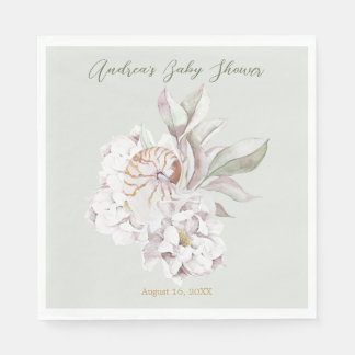 Coastal Watercolor Shells and Floral Baby Shower Serviette