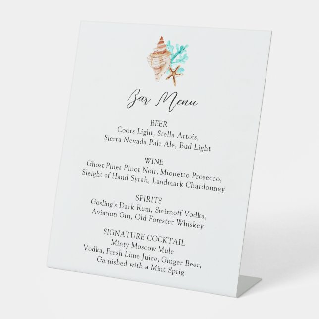 Coastal Wedding Bar Menu Elegant Script Drink List Sockelschild (Vorderseite)