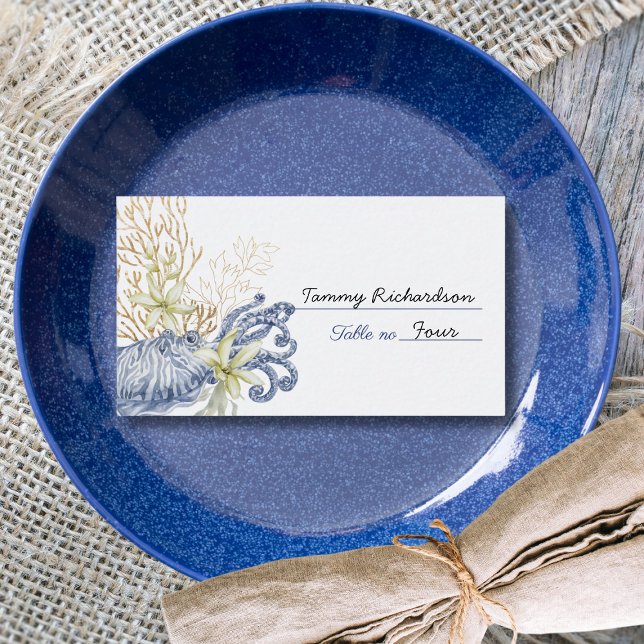 Coastal Wedding Blue & Gold Place Card Platzkarte (Coastal Wedding Blue & Gold Place Card)