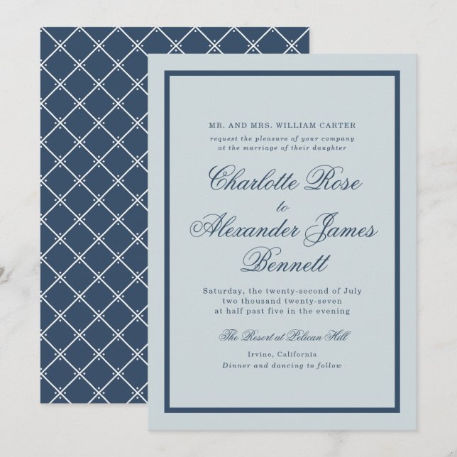 Coastal Wedding Dusty Blue Classic Script Einladung (Vorne/Hinten)