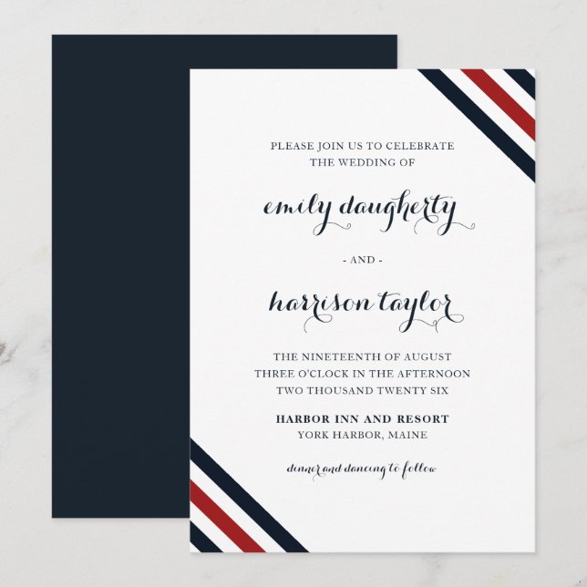 Coastal Wedding Nautical Stripes Red White Blue Einladung (Vorne/Hinten)