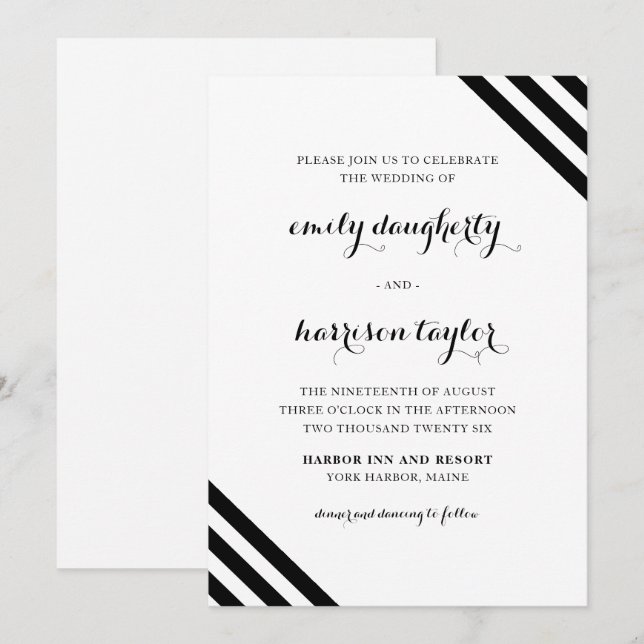 Coastal Wedding Nautical Stripes Schwarz-Weiß Einladung (Vorne/Hinten)