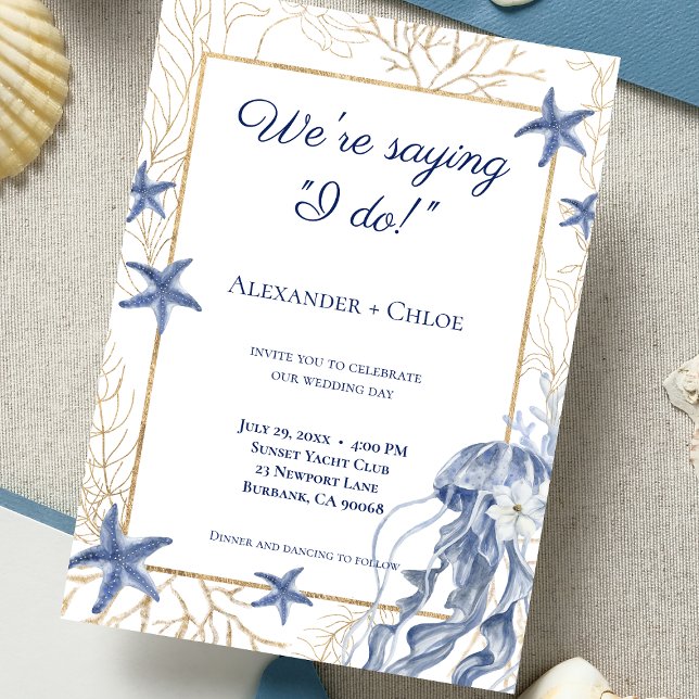 Coastal Wedding Navy Blue Gold Einladung (Coastal Wedding Navy Blue Gold Invitation)