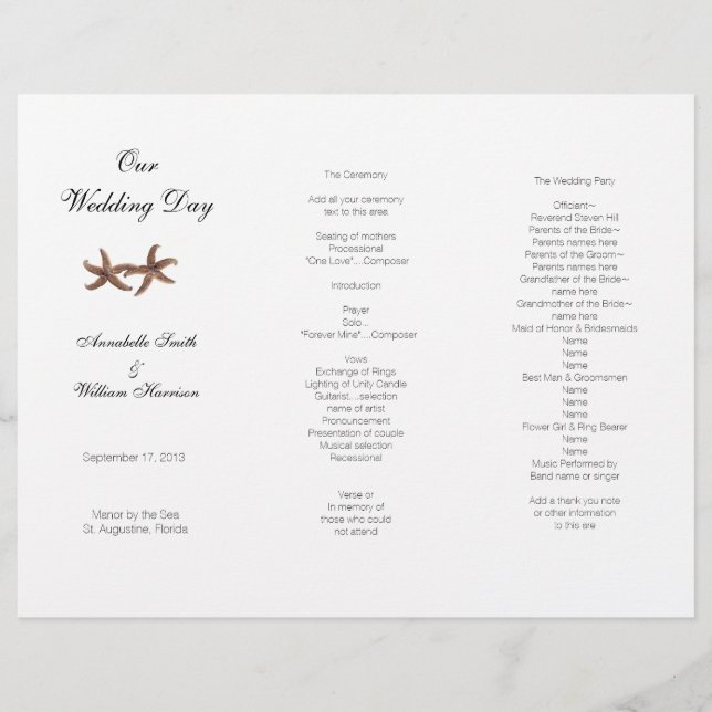 Coastal Wedding Tri-Fold Starfish Couple Programm (Vorderseite)