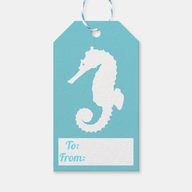 Coastal White Seepferd Silhouette & Bright Blue Geschenkanhänger (Vorderseite)
