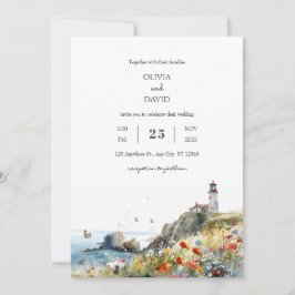 Coastal Wildblume Leuchtturm View Beach Hochzeit Einladung