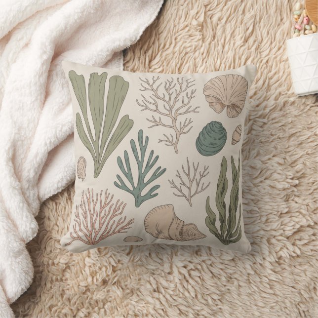 Coastal Wildlife & Seaweed Botanical Art | Vintage Kissen (Decke)