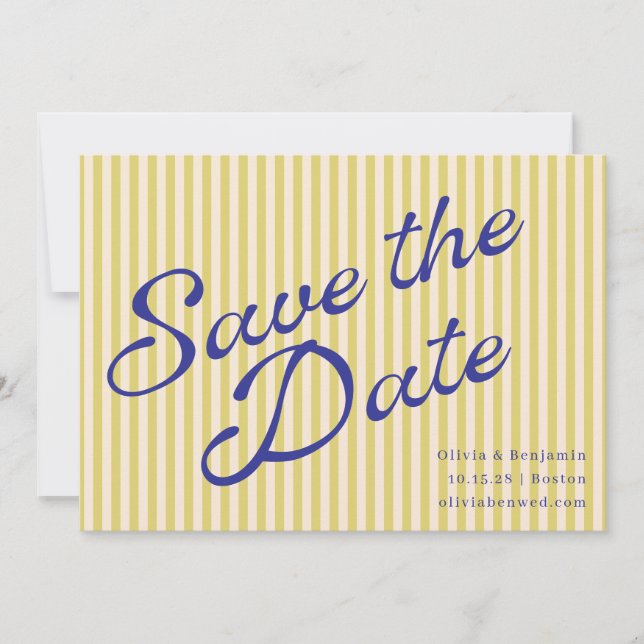 Coastal Yellow Blue Retro Stripe Wedding Script Save The Date (Vorderseite)