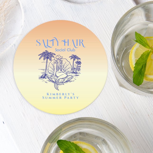 Coastal Yellow Mermaid Cowgirl Summer Party Runder Pappuntersetzer (Von Creator hochgeladen)