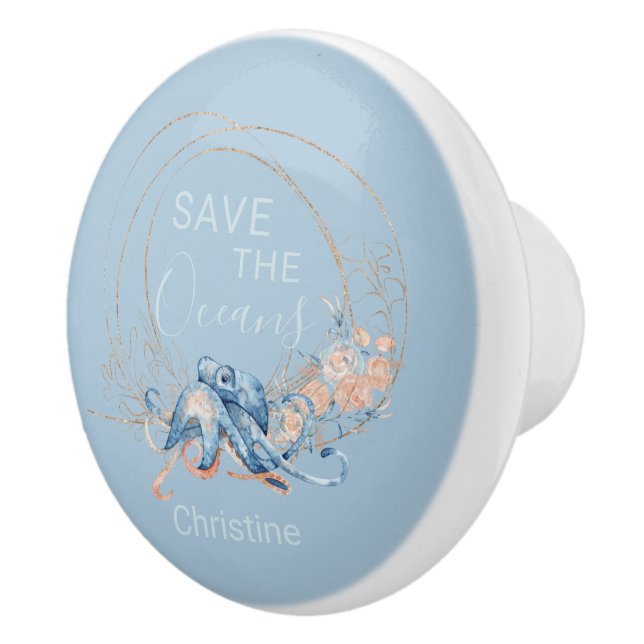 Coastal Zuhause Blue Aquarell Octopus individuelle Keramikknauf (Rechts)