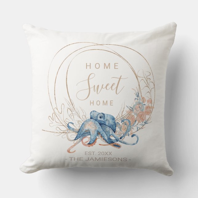 Coastal Zuhause Blue Water Color Octopus custom Kissen (Vorderseite)