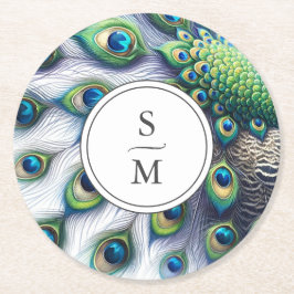 Coaster Monogrammed Peacock Feathers Runder Pappuntersetzer