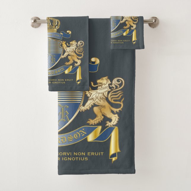 Coat of Arms Metallic Blue Gold Lion Ombre Emblem Badhandtuch Set (Insitu)