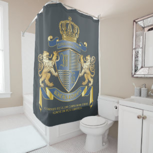 Coat of Arms Metallic Blue Gold Lion Ombre Emblem Duschvorhang