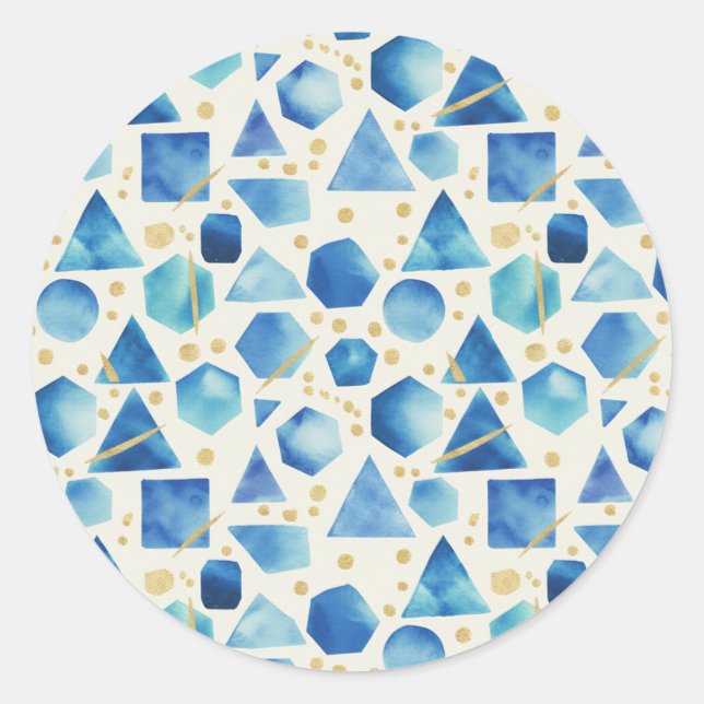 Cobalt & Azure Watercolor Geometric Shapes & Gold Runder Aufkleber (Vorderseite)