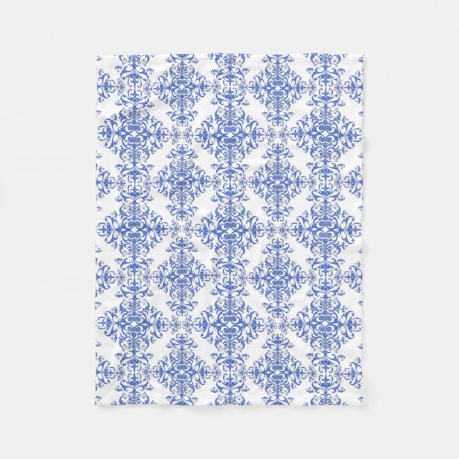 Cobalt Blau und Weiß Floral Damask Style Muster Fleecedecke (Vorderseite)