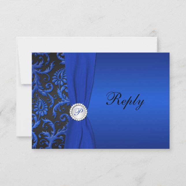 Cobalt Blue and Black Damask RSVP-Karte RSVP Karte (Vorderseite)