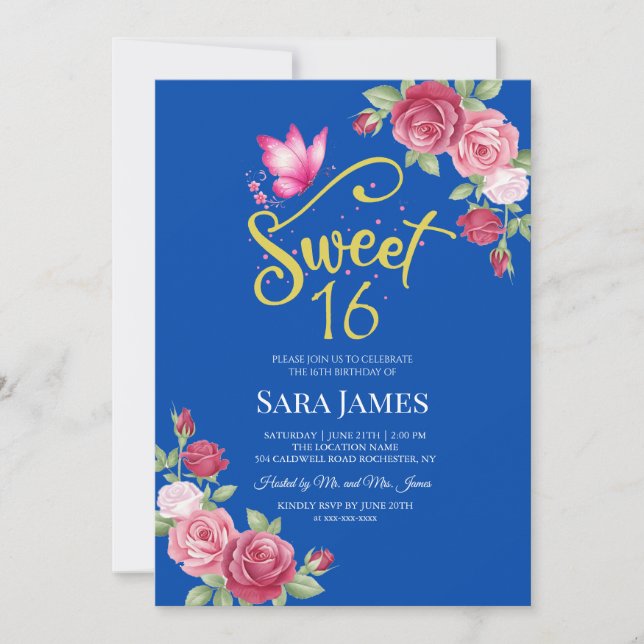 Cobalt Blue and Pink Floral Sweet 16 Birthday Einladung (Vorderseite)